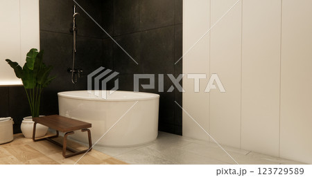Two tone black and white Mockup scene bathroom with shower and Toilet and decoration on modern toilet room japanese style .3D rendering 123729589