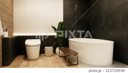 Two tone black and white Mockup scene bathroom with shower and Toilet and decoration on modern toilet room japanese style .3D rendering 123729590