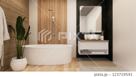 Two tone black and white Mockup scene bathroom with shower and Toilet and decoration on modern toilet room japanese style .3D rendering 123729591