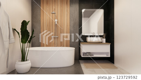 Two tone black and white Mockup scene bathroom with shower and Toilet and decoration on modern toilet room japanese style .3D rendering 123729592