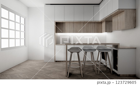 Kitchen bar on set kitchen shaped modern style white and wood concept. 3d rendering Kitchen bar on set kitchen shaped modern style white and wood concept. 3d rendering 123729605