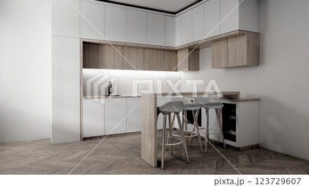 Kitchen bar on set kitchen shaped modern style white and wood concept. 3d rendering Kitchen bar on set kitchen shaped modern style white and wood concept. 3d rendering 123729607