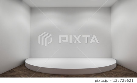 Scene to show products Empty room white on wooden floor interior design.3D rendering Scene to show products Empty room white on wooden floor interior design.3D rendering 123729621