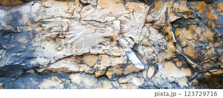 Wide natural stone background in beige and black tones.Stone wall texture. 123729716