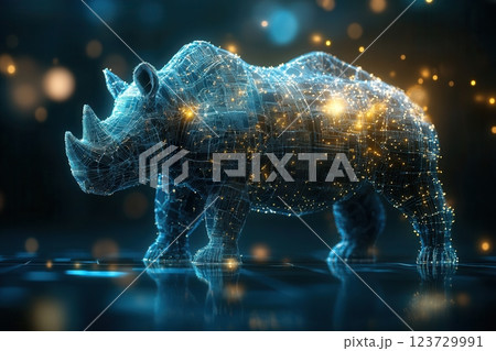 Blue rhinoceros shining in the dark representing metaverse and artificial intelligence 123729991