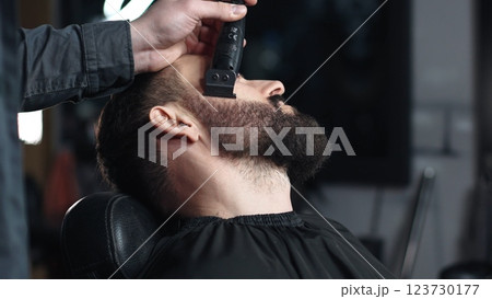 Professional barber trimming client's beard with electric razor, delivering precise styling within contemporary grooming salon setting 123730177