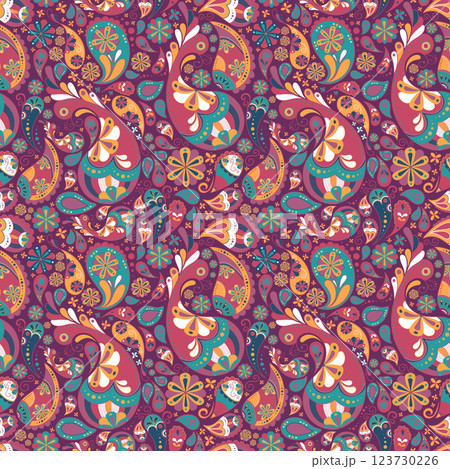 Paisley, ornament, botekh, buta, symbol of fertility and life, seamless pattern, illustration, vector 123730226