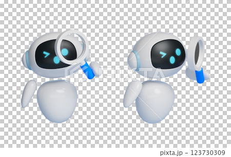 AI robot character 3D graphics viewed through a magnifying glass AI robot character 3D graphics viewed through a magnifying glass 123730309