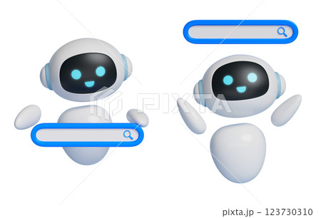 AI robot character 3D graphics that pops up a search bar 123730310