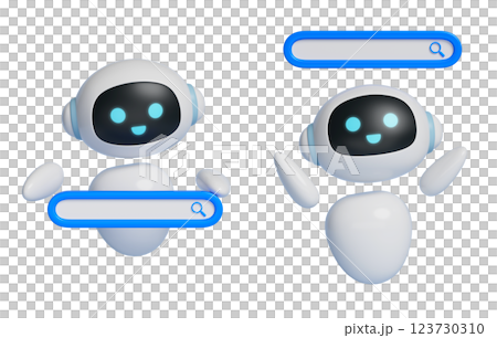 AI robot character 3D graphics that pops up a search bar 123730310