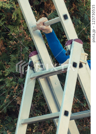Woman climbing on aluminum ladder in garden 123730535