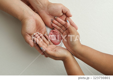 A father and mother hold the feet of a newborn child in a white blanket on a white background.. The feet of a newborn in the hands of parents. Photo of foot, heels and toes.The palms of the parents. A father and mother hold the feet of a newborn child in a white blanket on a white background.. The feet of a newborn in the hands of parents. Photo of foot, heels and toes.The palms of the parents. 123730801
