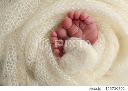 Soft feet of a new born in a white wool blanket. Close up of toes, heels and feet of a newborn. Knitted white heart in the legs of a baby. Macro photography.The tiny foot of a newborn baby Soft feet of a new born in a white wool blanket. Close up of toes, heels and feet of a newborn. Knitted white heart in the legs of a baby. Macro photography.The tiny foot of a newborn baby 123730802