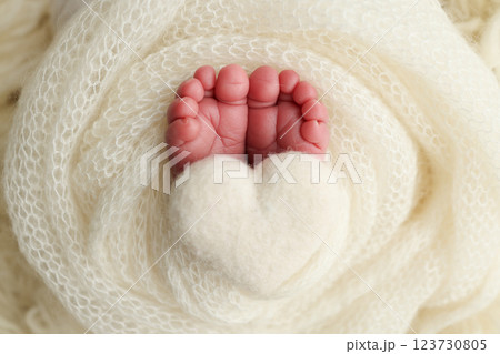 Soft feet of a new born in a white wool blanket. Close up of toes, heels and feet of a newborn. Knitted white heart in the legs of a baby. Macro photography.The tiny foot of a newborn baby 123730805