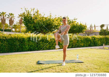 Outdoor Fitness Routine Energizing Exercise in the Great Outdoors Surrounded by Nature 123730880