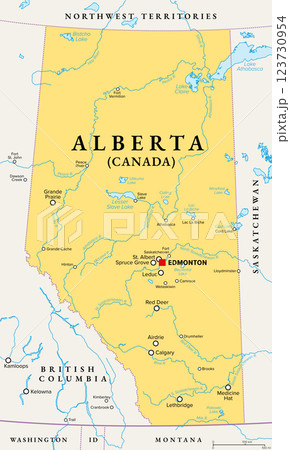 Alberta, province of Canada, political map with boundaries, cities, rivers and lakes. Part of Western Canada and one of the prairie provinces, with capital Edmonton and largest city Calgary. Vector 123730954