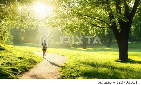 Mindful walk in a green park, enjoying nature therapy and finding balance with a slow, present moment approach. 123731011
