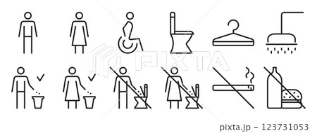 Toilet black line icon set, WC outline sign collection. Restrooms for men and women, vector editable stroke pictograms, do not throw trash in toilet bowl and other prohibitory signs 123731053