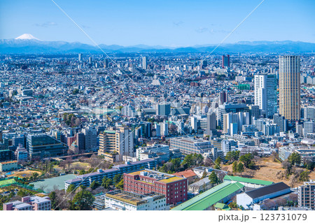 日本の東京都市景観 中目黒アトラスタワーや三軒茶屋駅前のキャロットタワー、富士山などを望む 123731079