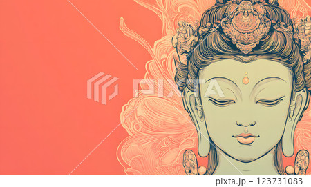 ピンクの背景の観音様の顏 123731083