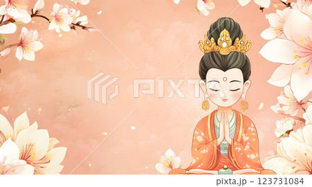 花が背景にある可愛い顔をした観音様のフレーム 花が背景にある可愛い顔をした観音様のフレーム 123731084