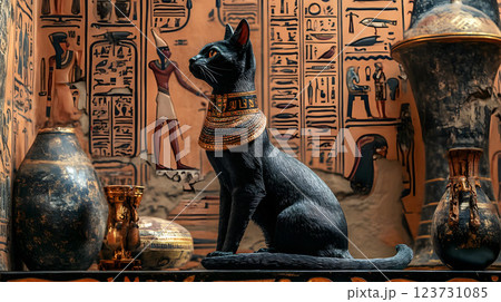 ヒエログリフを背景に座る猫の神様 ヒエログリフを背景に座る猫の神様 123731085