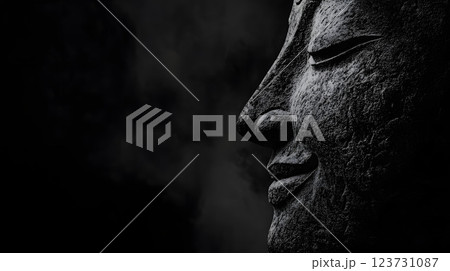 黒い背景の微笑む仏像の横顔のアップ 123731087