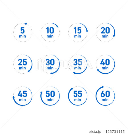 青色のシンプルな5分刻みの時計素材セット 123731115