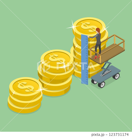 3D Isometric Flat Vector Illustration of Evaluation of Financial Data, ROI Benchmark And Financial Goal For Investors 123731174