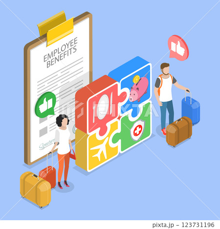 3D Isometric Flat Vector Illustration of Employee Benefits Package, Implementing Essential Workplace Perks For Employees 123731196