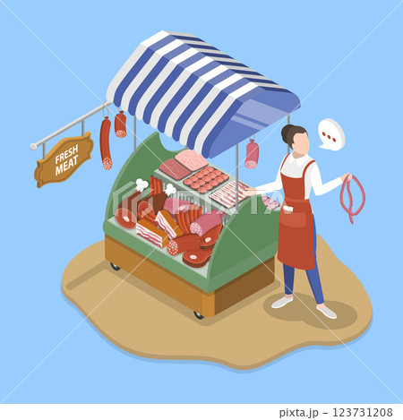 3D Isometric Flat Vector Illustration of Fresh Meat Store, Butcher Shop 123731208