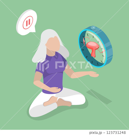 3D Isometric Flat Vector Illustration of Aging and Menopause, Elderly Woman Facing Ticking Fertility Clock 123731248