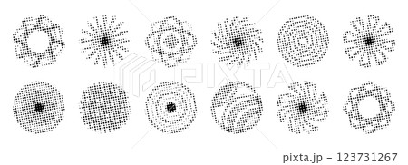 Black dotted halftone circle set, trendy vintage round shapes, vector retro radial forms, grunge effect monochrome gradients, modern abstract backgrounds 123731267