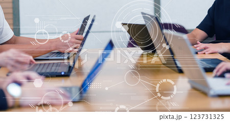 オフィスでのビジネスシーン、IT企業、ビジネスシーン、オフィスワーク、デジタルネットワークイメージ	 123731325