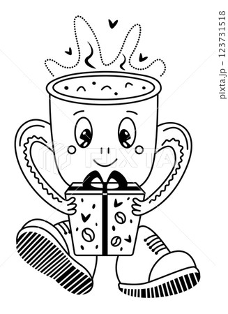 Groovy coffee cup character with a gift, black line vector doodle, trendy monochrome whimsical cartoon of a little man in big shoes, editable stroke illustration 123731518