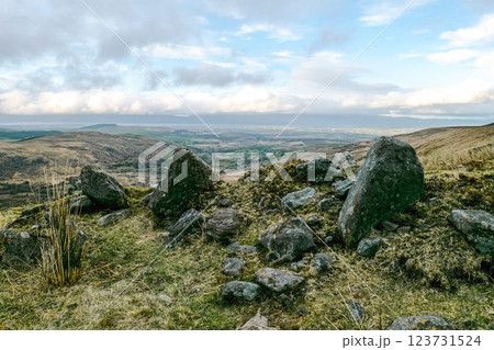 Open landscape. Rocks form a small cluster on a hill. Extensive flat valley stretches to the horizon. 123731524