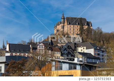 The Marburg Castle, also called Landgrave's castle, on top of the Schlossberg hill above the old town of Marburg, Hesse, Germany, Europe 123731563