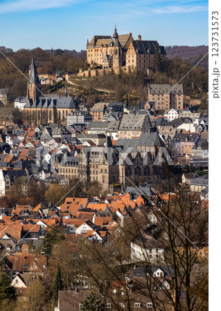 Marburg Castle, also Landgrave's Castle, above the old town of Marburg with Lutheran Parish Church (l) and University Church (mid), Hesse, Germany Marburg Castle, also Landgrave's Castle, above the old town of Marburg with Lutheran Parish Church (l) and University Church (mid), Hesse, Germany 123731573