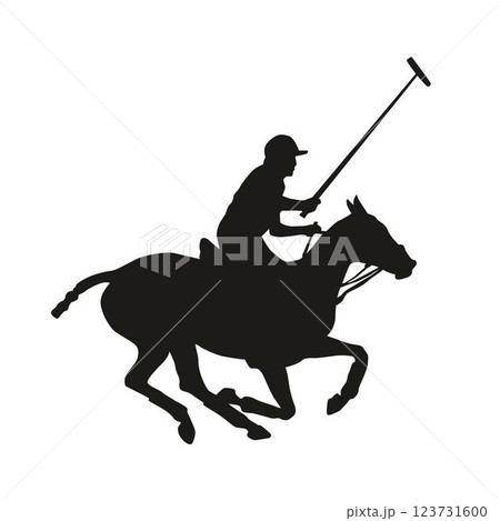 Polo Rider Silhouette, horse polo sport vector, Black silhouette of player holding mallet,  123731600