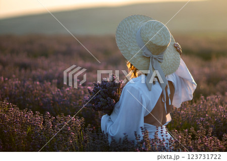 Lavender Field Woman Sunset: Woman in white dress harvests lavender in a purple field during golden hour, enjoying nature's beauty. 123731722