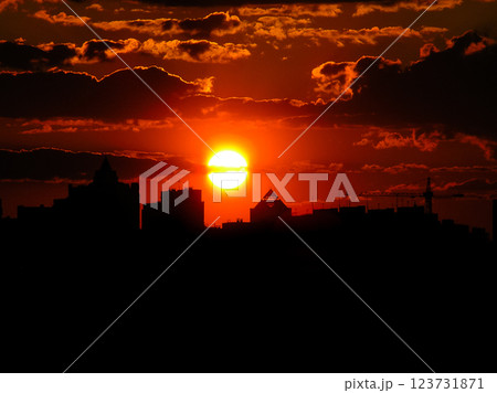 Autumn red sunset with a purple sky Autumn red sunset with a purple sky 123731871