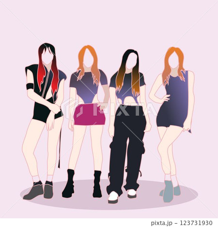 Vector illustration of a group of female singers singing wearing sexy outfits with color gradient hair. Korean K-POP GIRL idol event.abstract flat color cartoon design 123731930