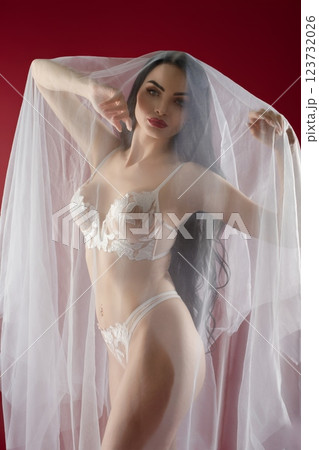 Stunning bridal lingerie portrait of a beautiful woman in delicate veil Stunning bridal lingerie portrait of a beautiful woman in delicate veil 123732026