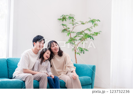 リビングでみんなでテレビを見るファミリー 123732236