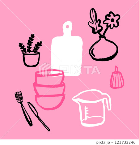 Pink kitchen collage, hand drawn doodles of kitchenware and flowers, pink background with bold graphic cooking elements. Vector template of cute kitchen poster 123732246