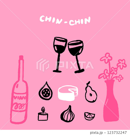 Chin chin kitchen illustration, hand drawn food and drink doodles on pink background, wine, cheese and fruits illustration. Vector template of party poster 123732247