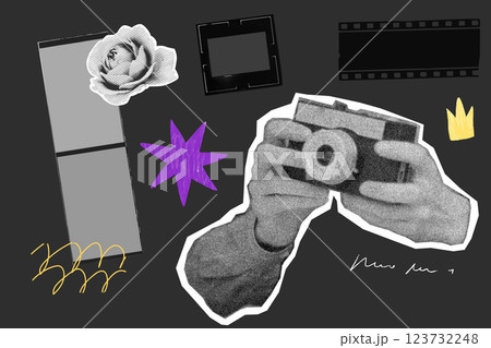 Retro photo collage board, torn film frame and halftone flower sticker, camera in hands, dark vintage. Vector template of scrapbook page 123732248