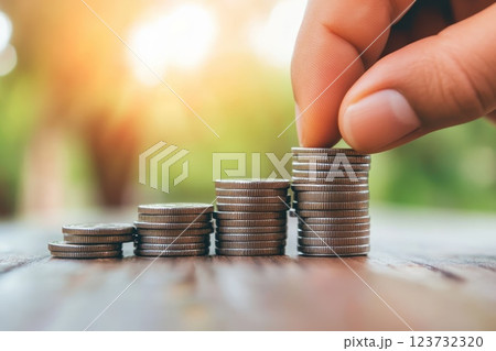 A hand is holding a stack of coins, with the top coin being a penny A hand is holding a stack of coins, with the top coin being a penny 123732320
