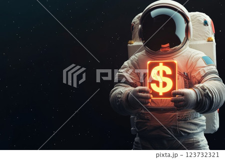 Futuristic Financial Concept, 3D Astronaut Holding Glowing Dollar Sign with Floating Coins in Space Background for Design Elements 123732321