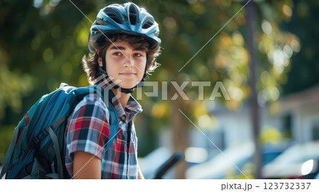 Confident Young Student Ready to Ride, Portrait of student with backpack, helmet, and bicycle against copy space background for education or adventure concept. 123732337
